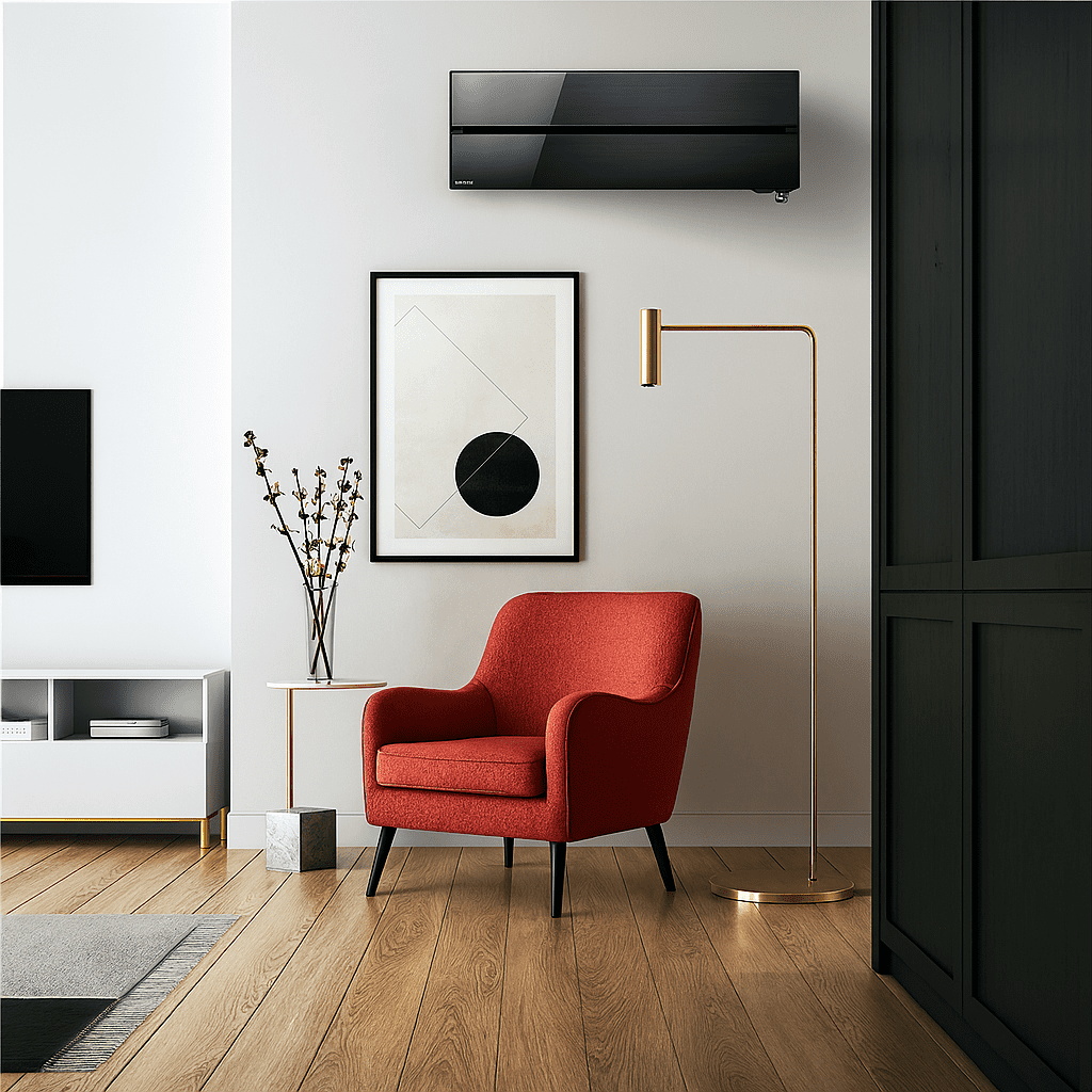 Installation d’un climatiseur mural Mitsubishi design noir dans un salon contemporain avec fauteuil rouge et décoration moderne à Saint-Tropez par Paf Plomberie à Cogolin